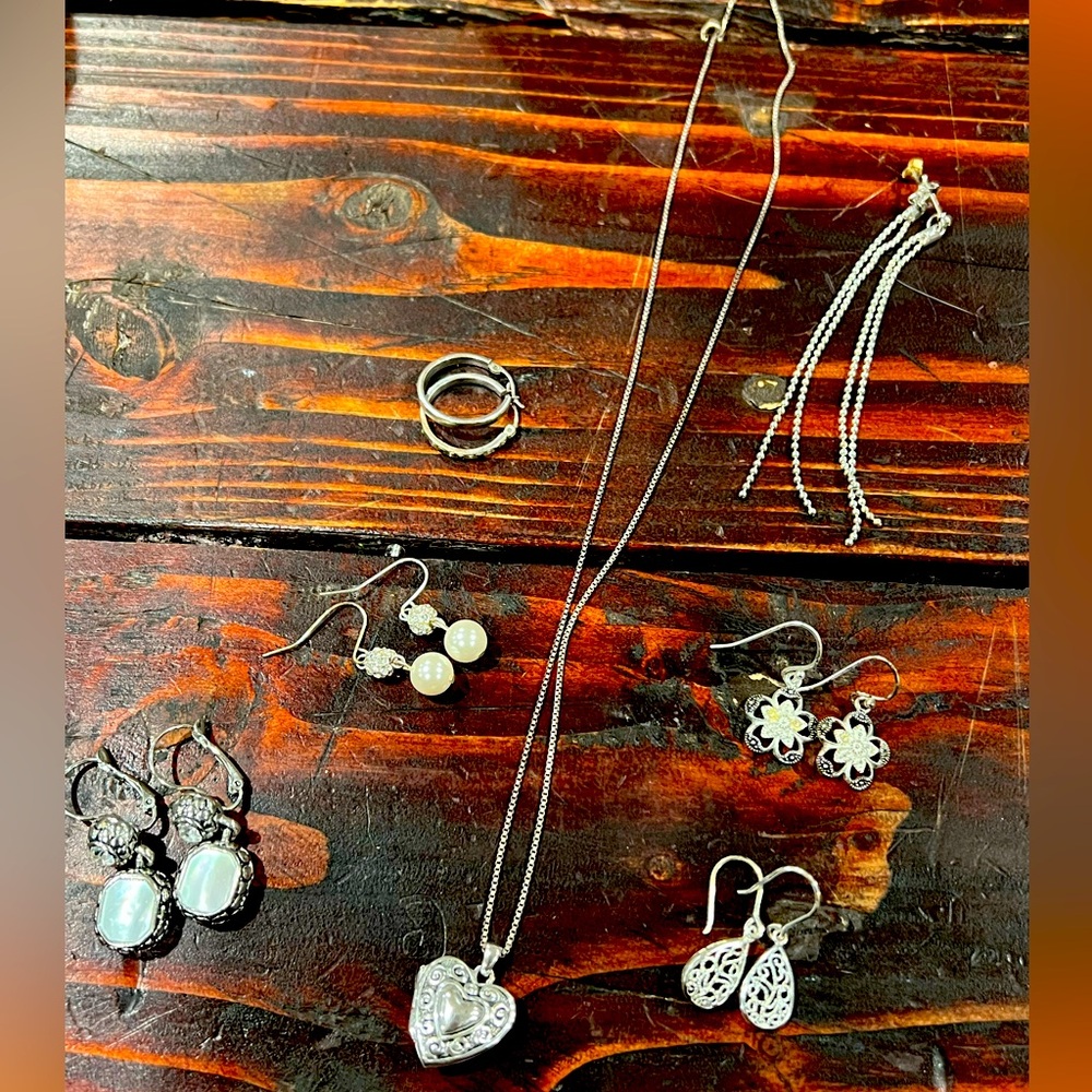 Sterling silver necklace locket and earrings